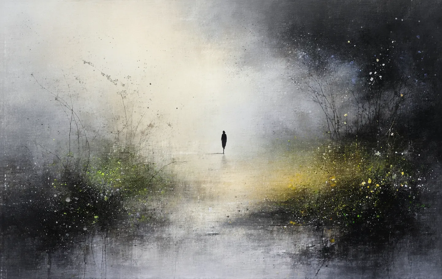 An ethereal meadow painted with textured brushwork in a silver and black color scheme with iridescent splashes, centered within an asymmetric canvas with minimalist style.