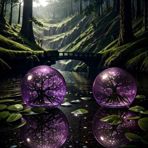 Photorealistic nature landscape with two purple galaxy glass bottles on water surrounded by forest and greenery