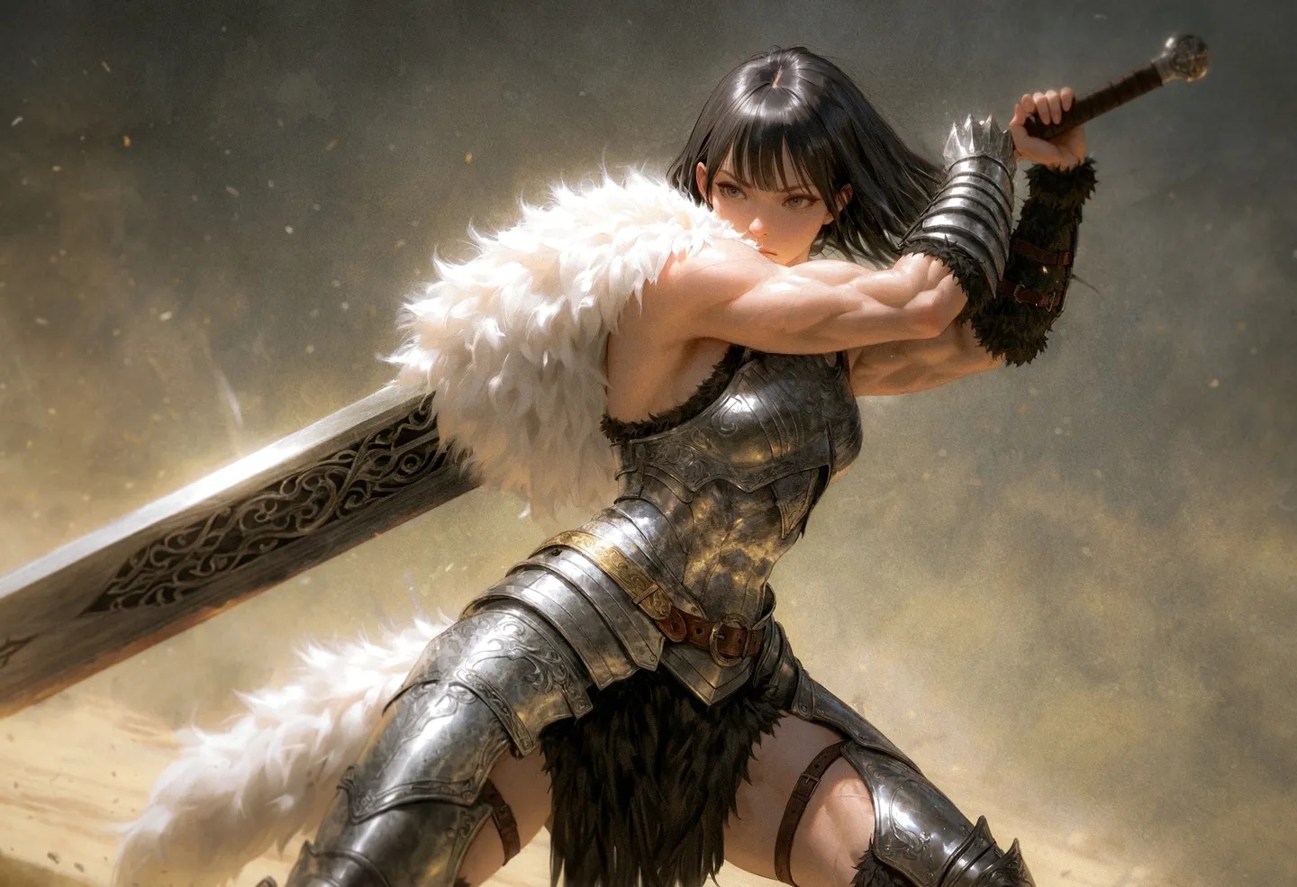 A muscular female warrior with black hair in a dynamic pose, wearing detailed metal armor and fur clothes, holding a large two-handed sword.