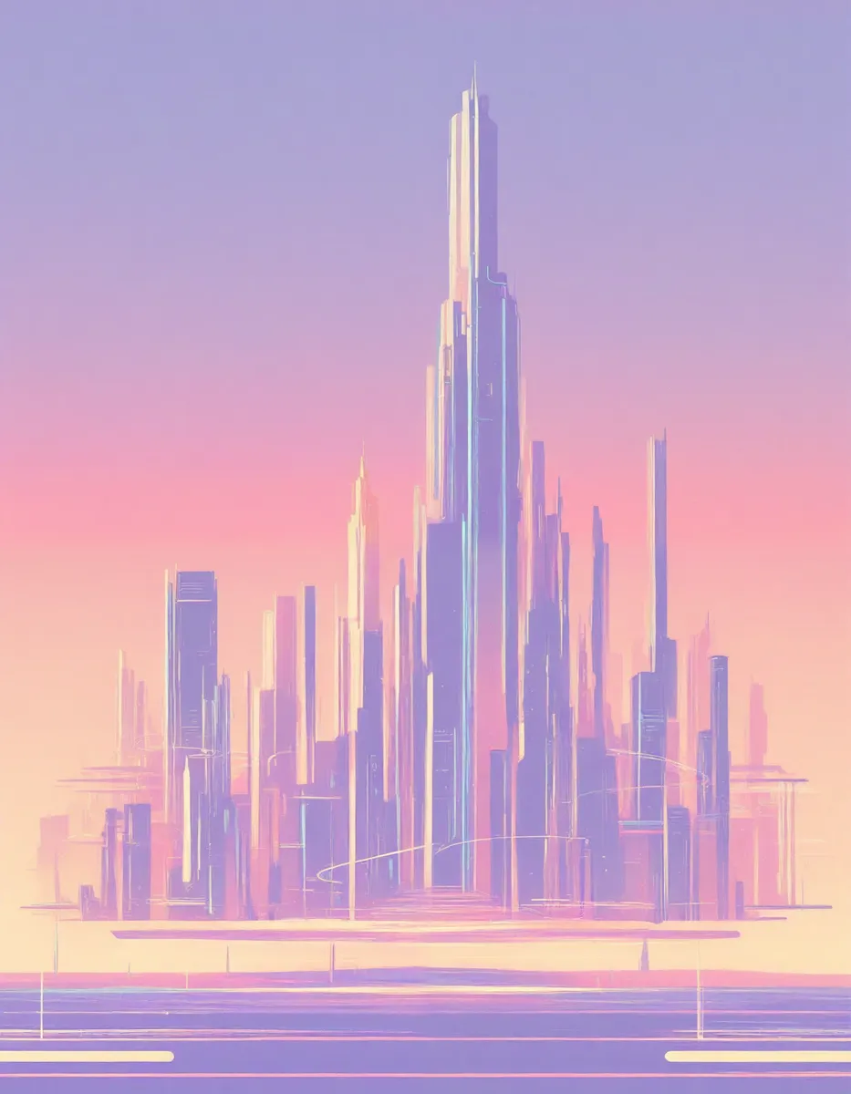Minimalistic sci-fi skyline featuring gigantic buildings with colorful neon lights under a soft sunset sky, rendered in flat colors without lineart.