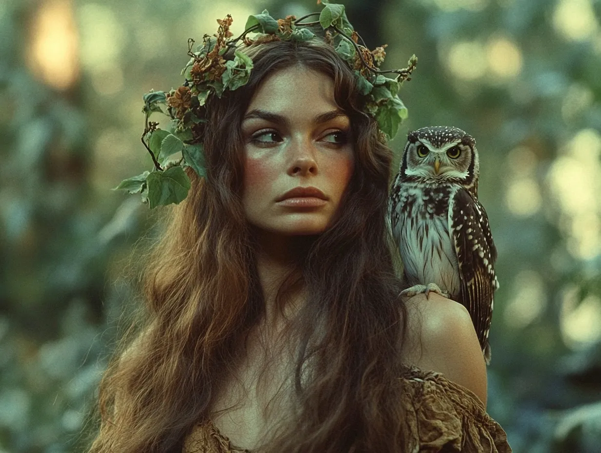 A statuesque woman with long earthy brown hair entwined with vines and blossoms, deep green eyes reflecting serenity, with a small owl perched on her shoulder.