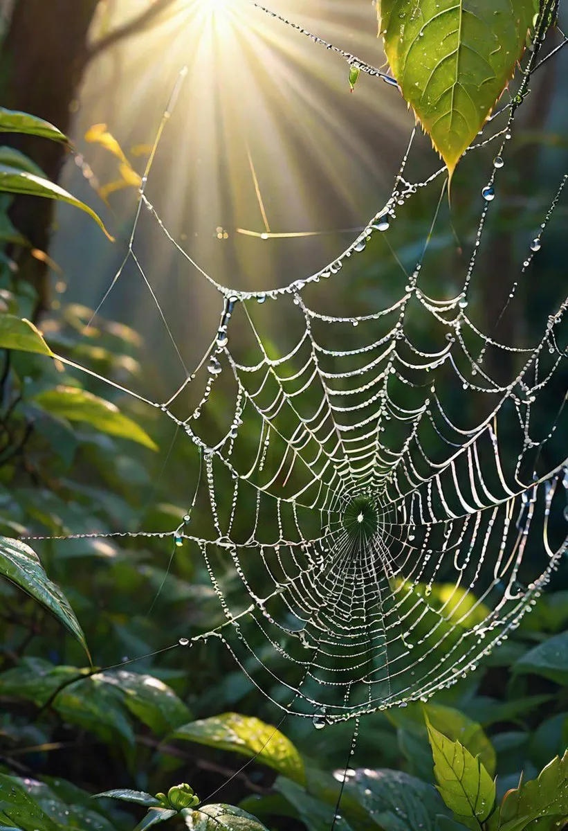 Close-up of a spider web covered in morning dew droplets with sun rays shining through a mystical forest background.