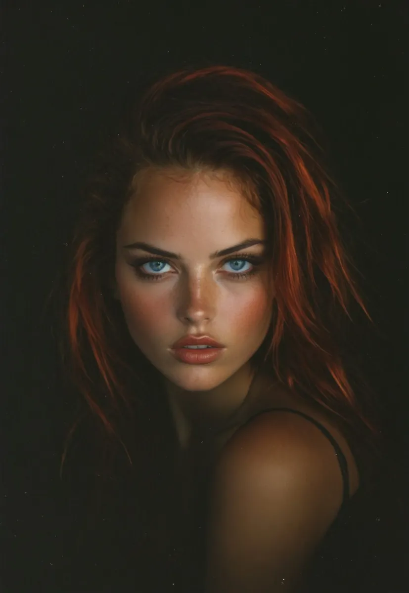 Close-up portrait of a young woman with copper-red hair and striking blue eyes, featuring detailed, realistic skin and dramatic lighting against a dark background.