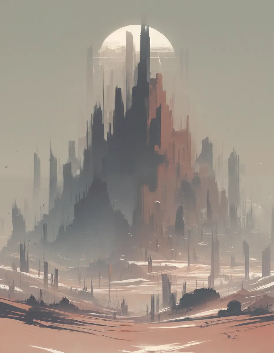 Minimalistic flat color digital art depicting a vast flat landscape with surreal tall mountain-like structures under epic clouds and a large sun.