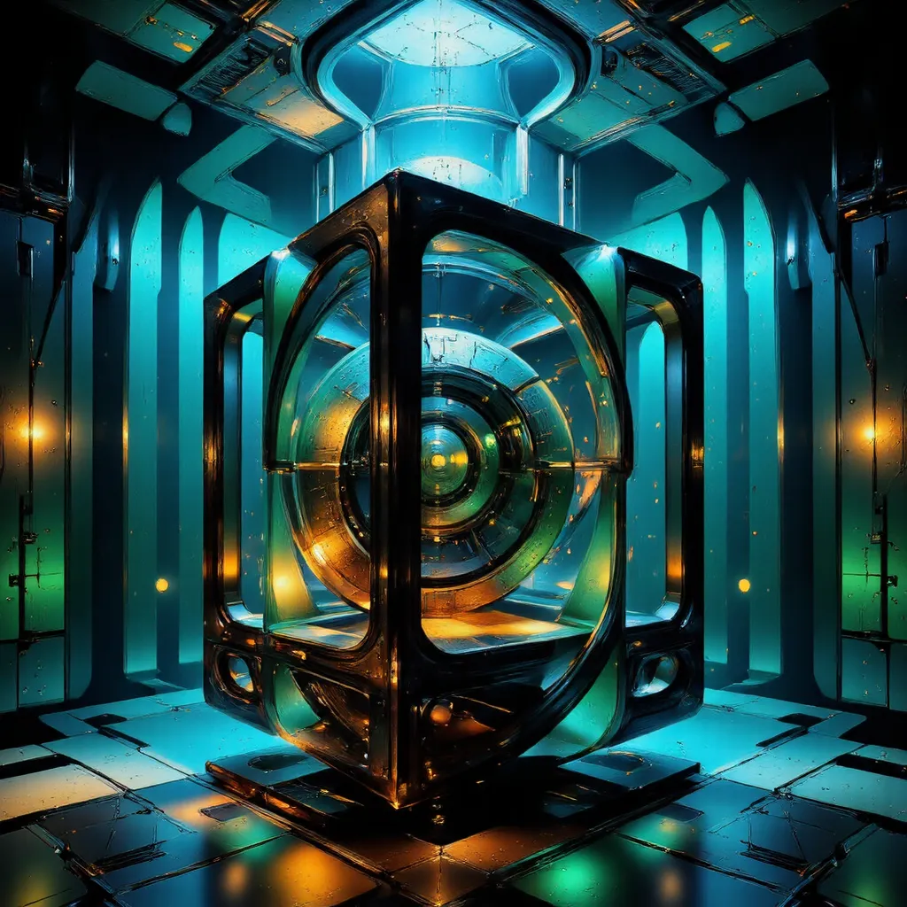 A hyperrealistic 3D cube floating within a surreal alien environment with vivid saturated greens, blues, and oranges, featuring metallic and glass textures in a highly detailed digital art style.