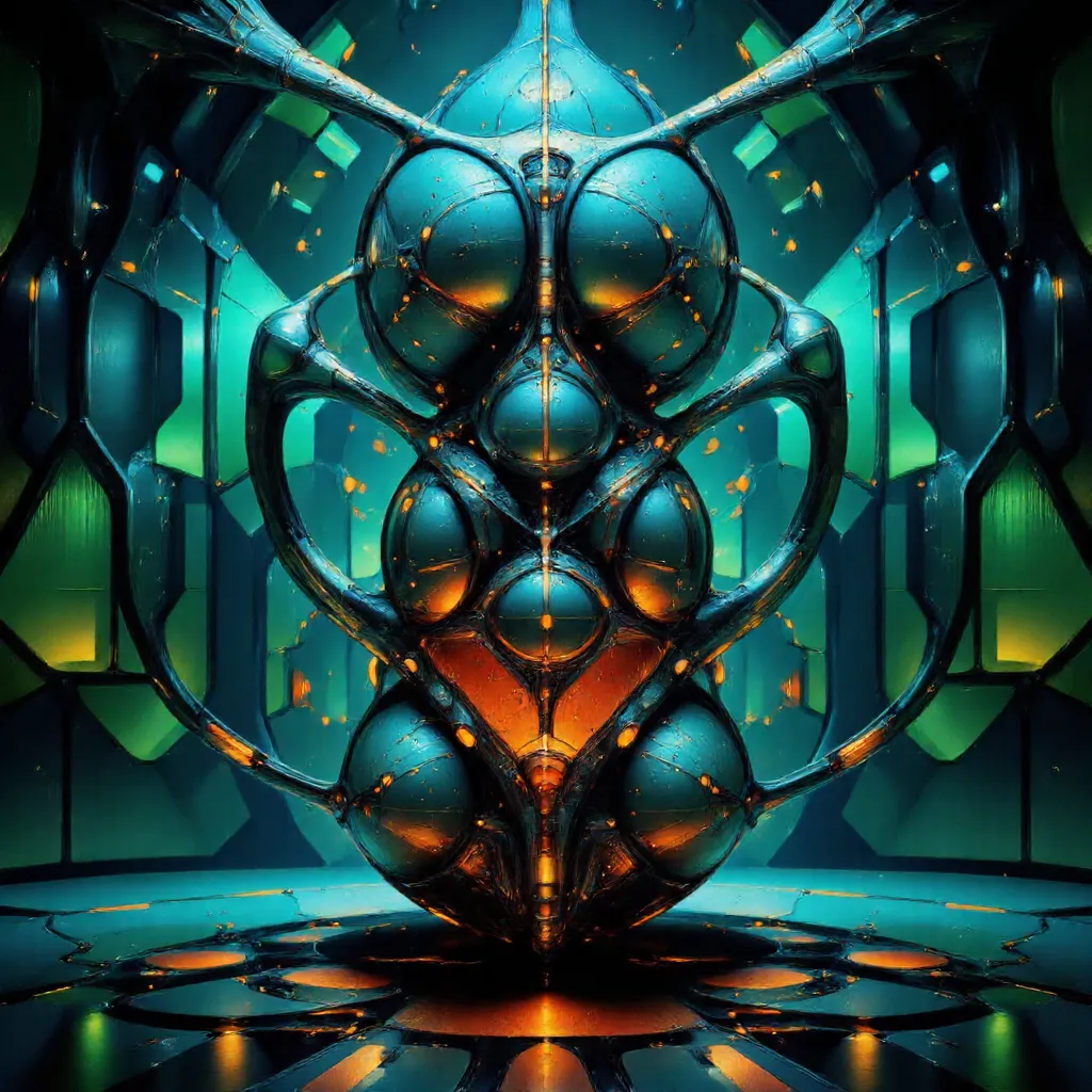 A surreal 3D geometric structure resembling interconnected spheres and tubes, glowing with saturated blue, green, orange, and iridescent black hues in a hyperrealistic alien environment.