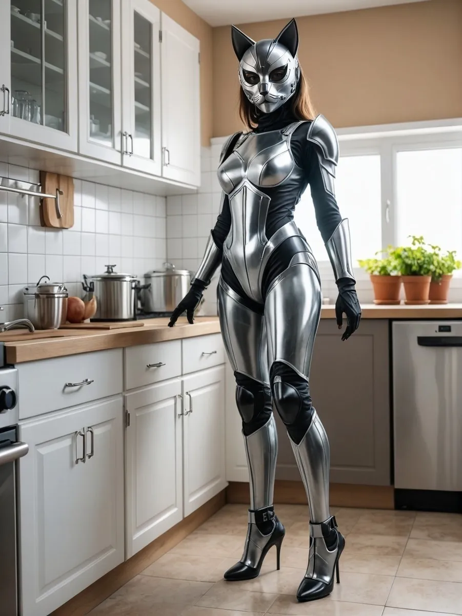 Slim fit young woman wearing a tight, elegant, silver metallic power armor suit with a cat-shaped helmet and high heels standing in a modern kitchen.