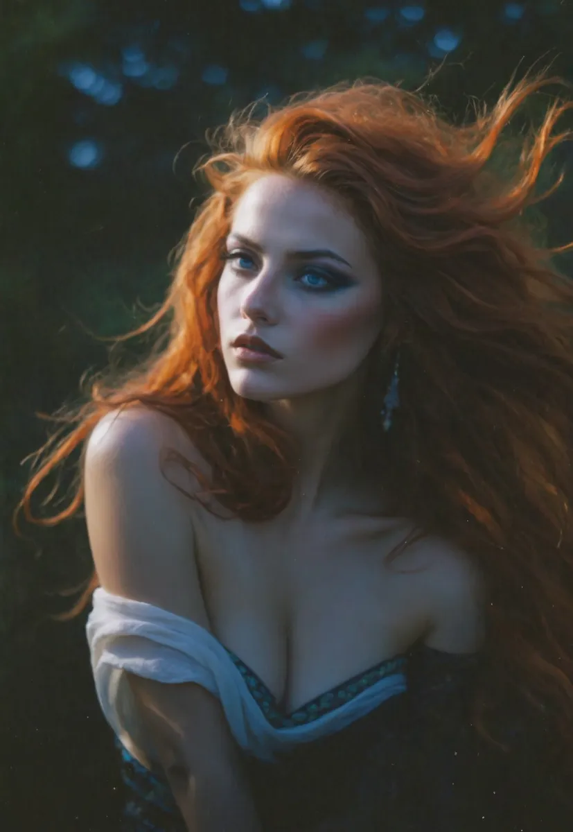 Close-up portrait of a red-haired woman with striking blue eyes and sun tanned skin, depicted with dramatic lighting and a blurred dark background.
