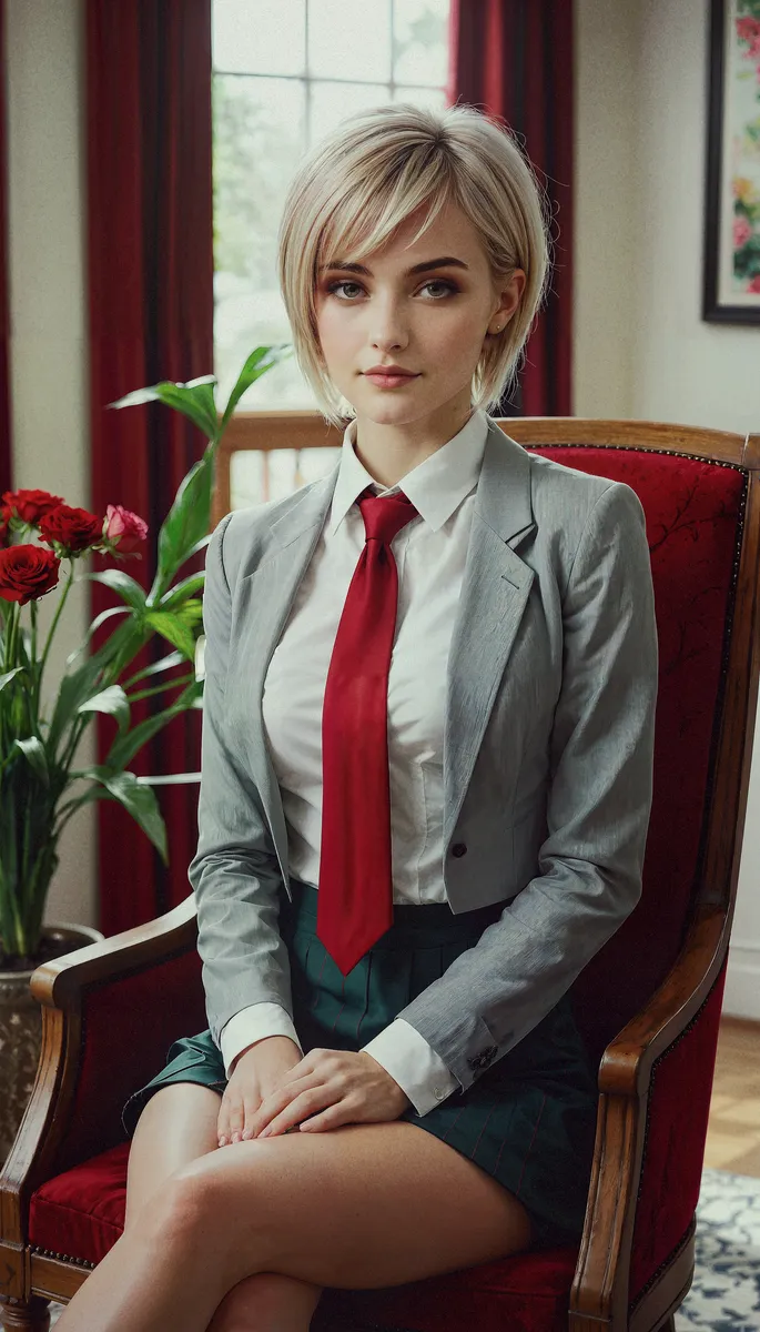 Young woman with a blonde razorcut pixie haircut wearing a school uniform with a red tie, sitting elegantly in a red armchair in a living room.