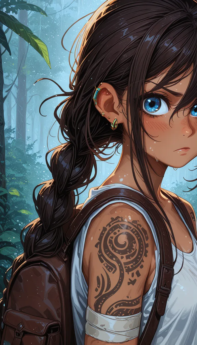 Close-up of a dark-skinned female with striking blue eyes and braided dark hair, wearing a sleeveless white shirt with a tribal tattoo on her arm, standing in a sunlit forest.