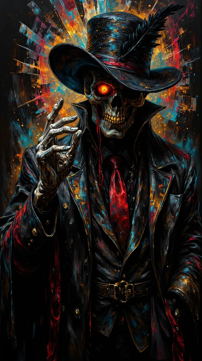 A dark fantasy oil painting illustration of a skeleton dressed in a black business suit with a red tie and a black hat adorned with a hawk feather, glowing eye staring intensely, set against a shattered glass and fiery background.