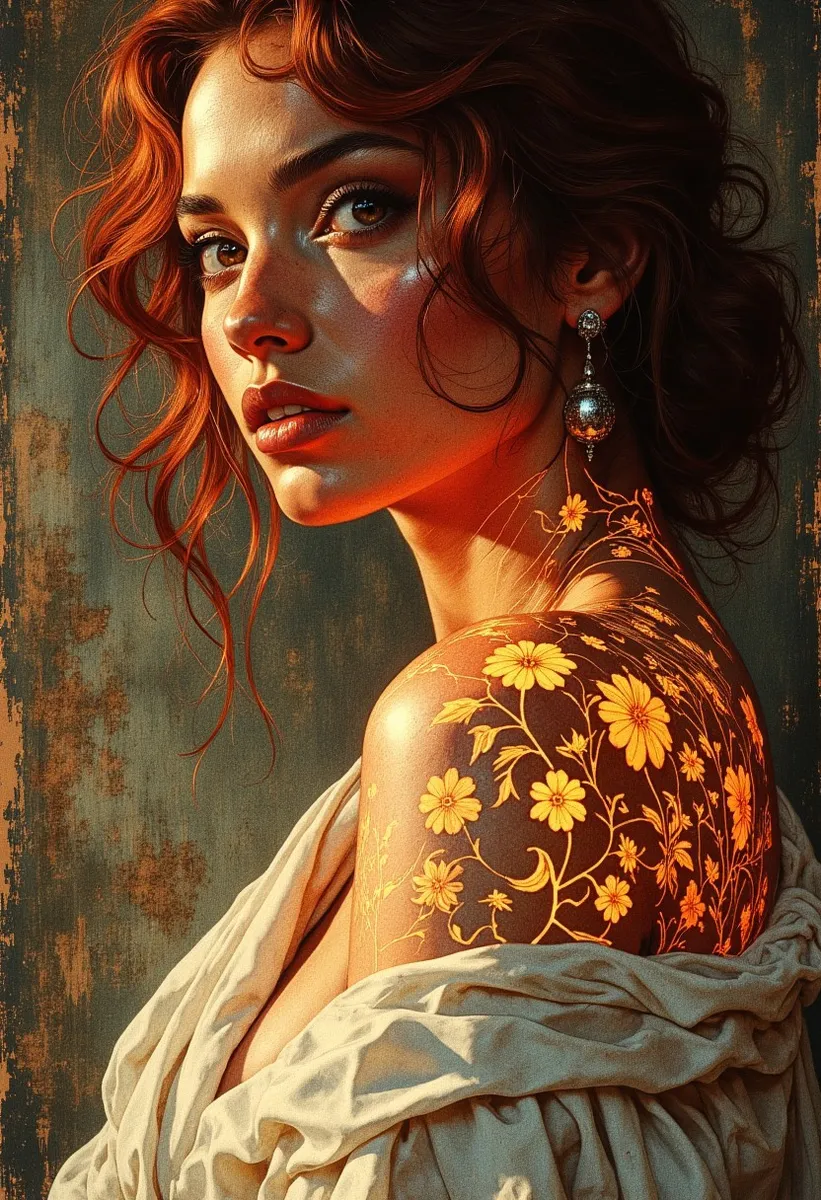 Portrait of a radiant woman with fiery red curls, golden-hazel eyes, wearing a silver earring and displaying a glowing floral tattoo on her shoulder under moody lighting.