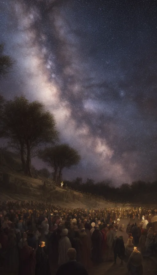 A large crowd gathered outdoors at night, looking up in awe at the detailed Milky Way stretching across the star-filled sky with silhouetted trees in the background.