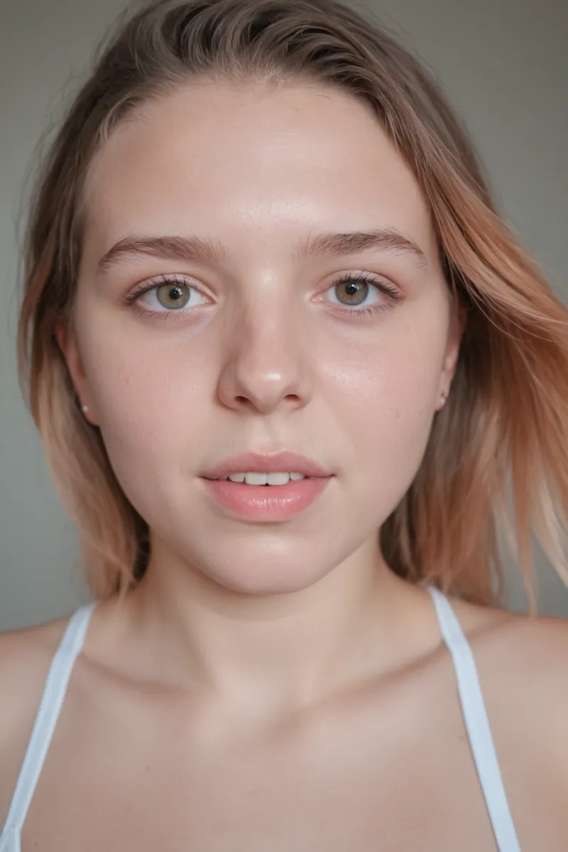 Close-up portrait of a young woman with natural skin tone, light brown hair, wearing a white sports top, looking directly at the camera with a neutral expression.