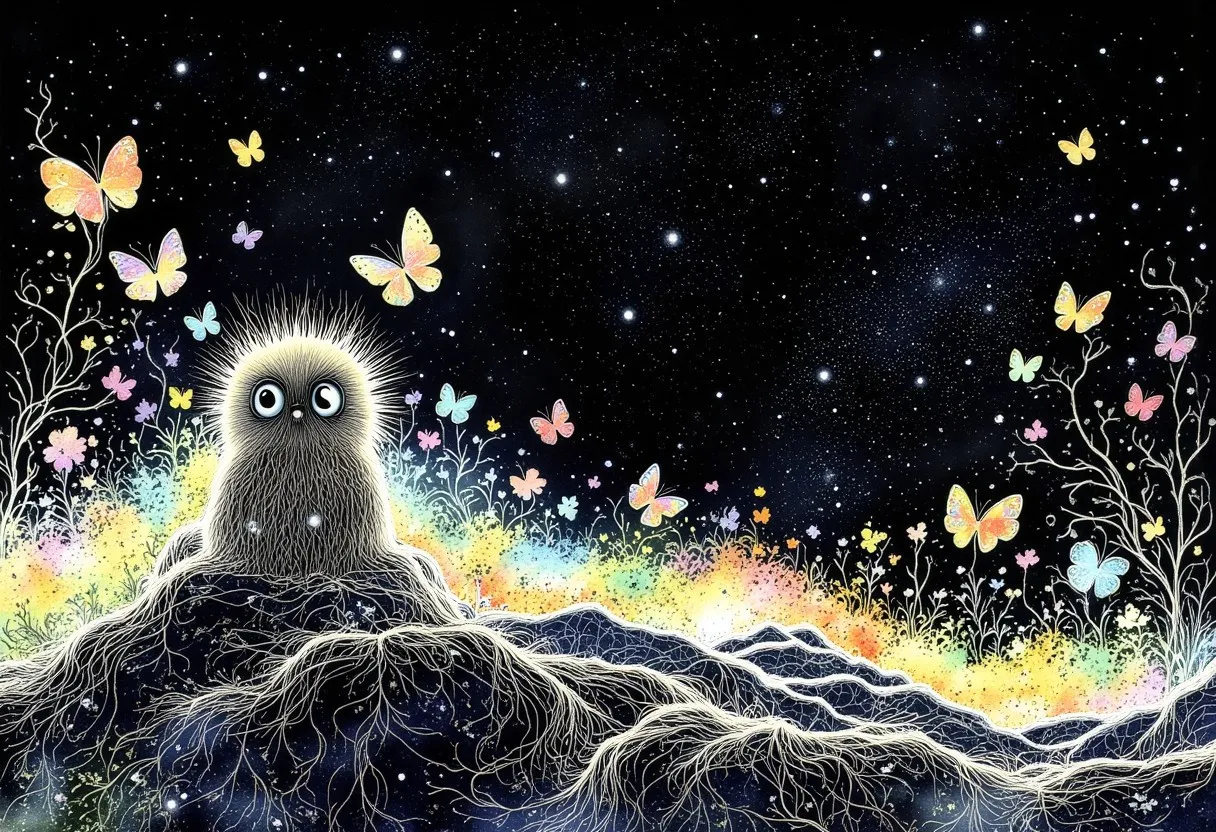 A cute furry creature with large eyes sits amidst dark chromatic colors, surrounded by colorful butterflies and rainbow hues in a magical starry fairytale landscape.