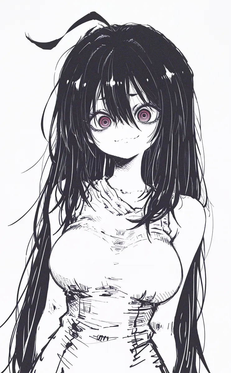 Monochrome sketch of an anime girl with long black hair, big ahoge, ringed eyes, smiling with closed mouth, wearing a sleeveless dress with bare shoulders.
