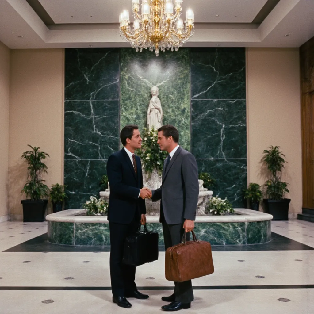 Two men in suits shaking hands in an 80s office lobby with green marble walls, briefcases, an indoor water feature, and a tall ceiling with a chandelier.