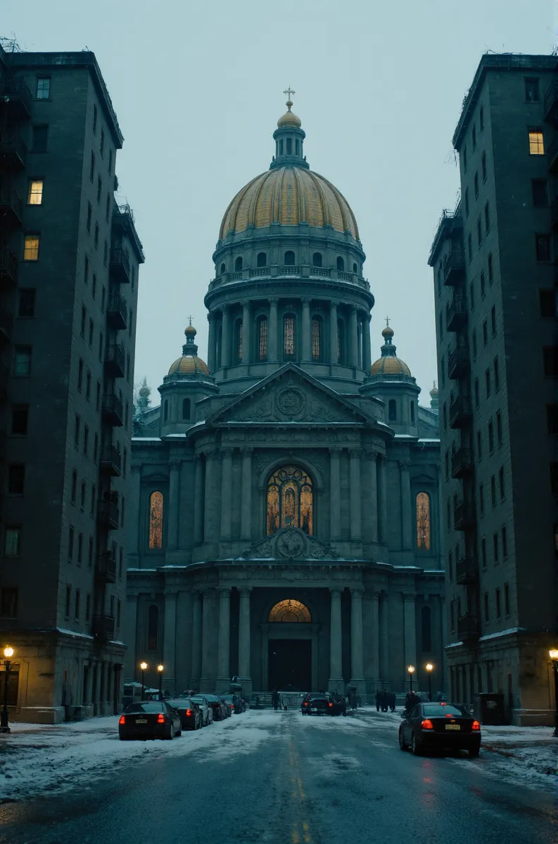 A majestic cathedral with a golden dome and gothic details at the center, flanked by tall dystopian brutalist concrete apartment blocks under an overcast sky with moody snowfall.
