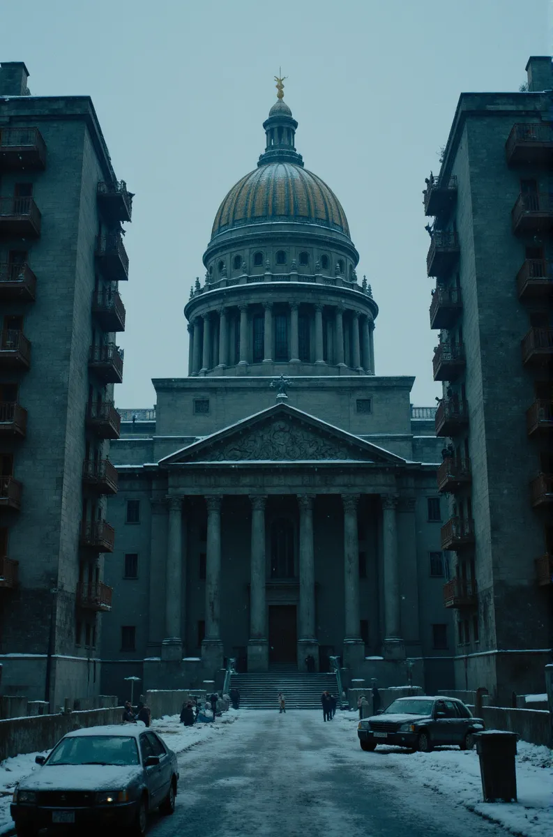 A majestic historic cathedral with an ornate central dome topped with angel statues, flanked by decaying dystopian apartment blocks under snowy, gloomy skies.
