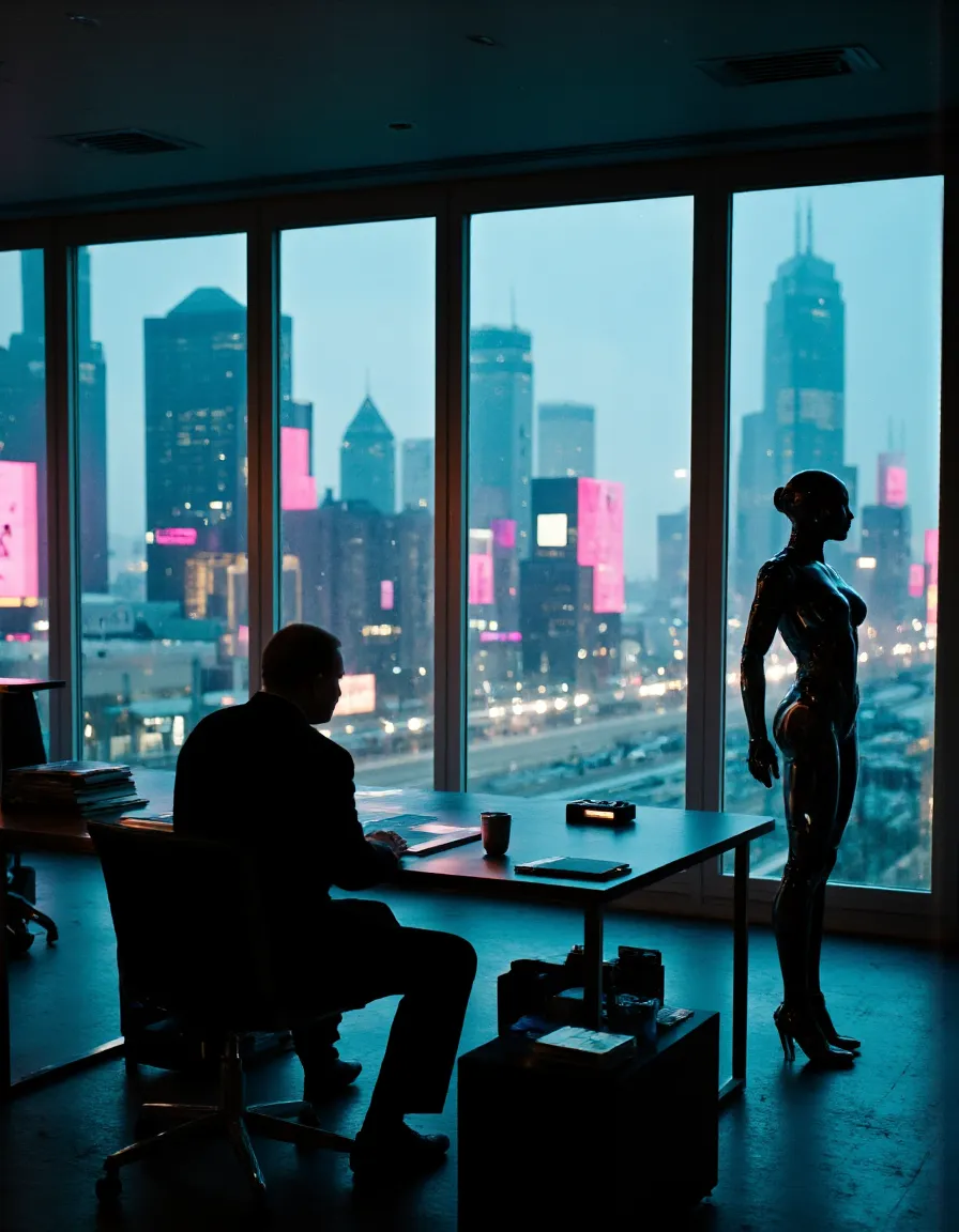 Silhouetted cyberpunk executive sitting at a desk with a feminine robot assistant in a high-rise office overlooking a futuristic city skyline with neon-lit buildings in the background.
