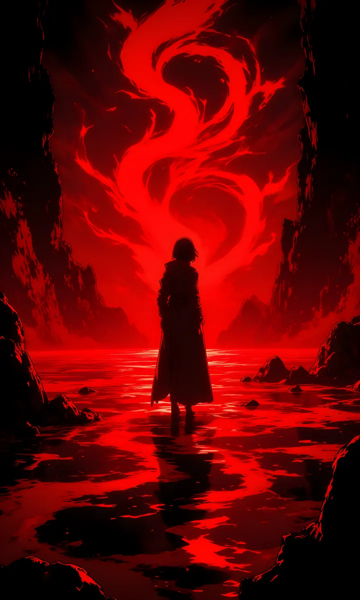 A solitary silhouette stands in a dark, surreal landscape amidst swirling, pulsating red liquid forming a fiery vortex, creating a mysterious and foreboding atmosphere.