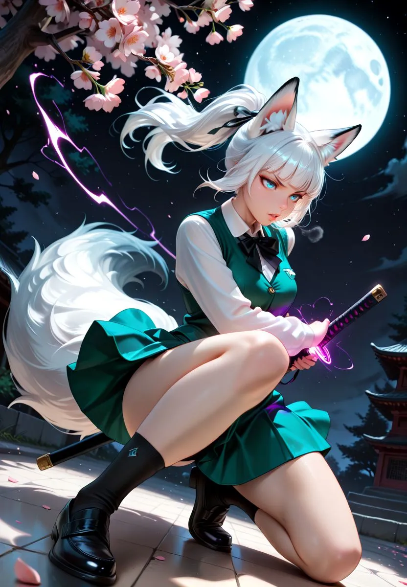 Anime girl with white fox ears and hair kneeling at night under cherry blossom tree, drawing a katana with purple glowing aura and the full moon in background.