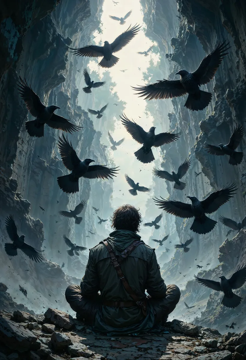 A mysterious figure sits with back facing viewer, surrounded by flying crows inside a rocky, dark cave with a moody blue-gray color palette.