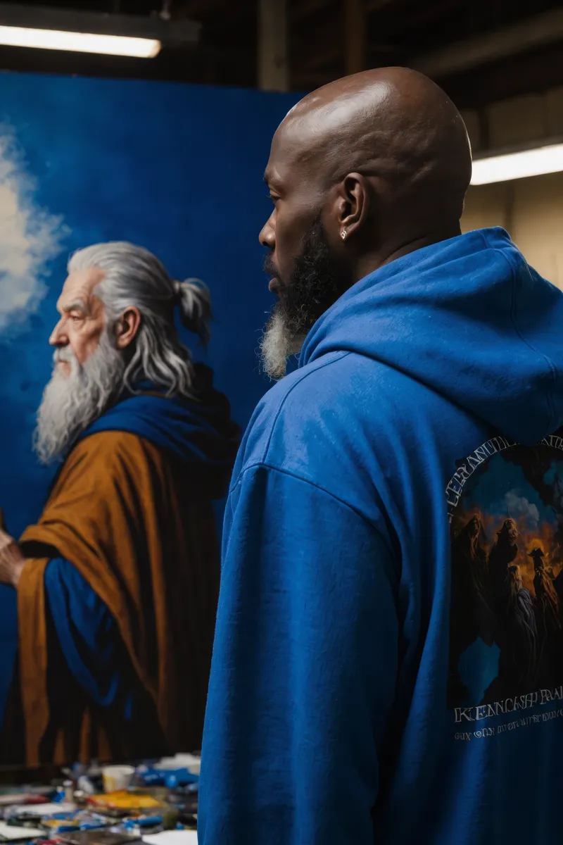Rear view of a black man with a bald head wearing a Klein blue hoodie featuring a Gandalf painting by Jim Burns and Kelly Freas, standing near a painting of an old wizard.