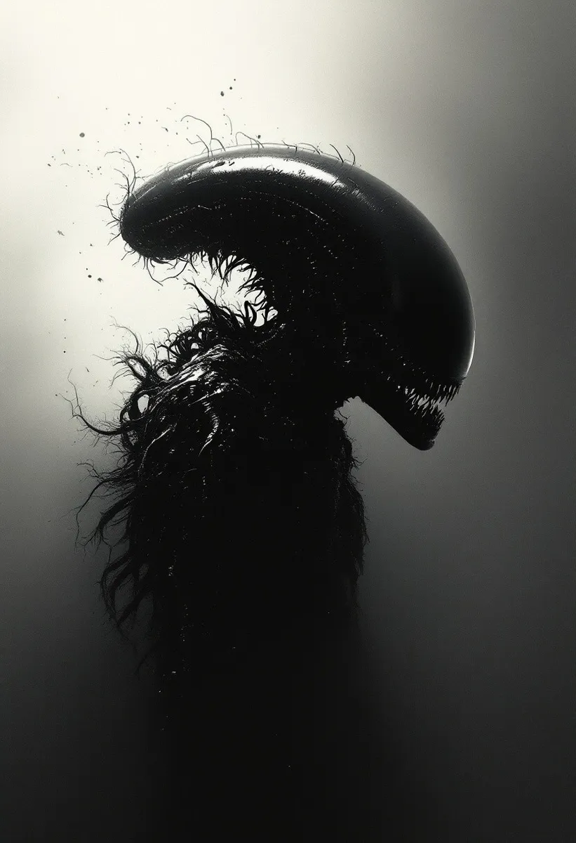 Silhouetted Xenomorph alien creature lurking in darkness with sharp teeth, detailed with ray tracing effects and minimalistic style inspired by Stephen Gammell.