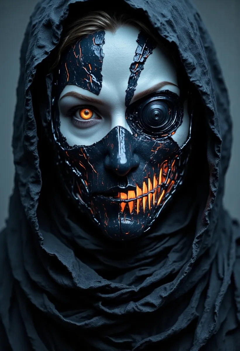 Close-up of a cyborg ninja with a metallic mask and one glowing orange eye, wearing a textured dark hood covering the head and shoulders.