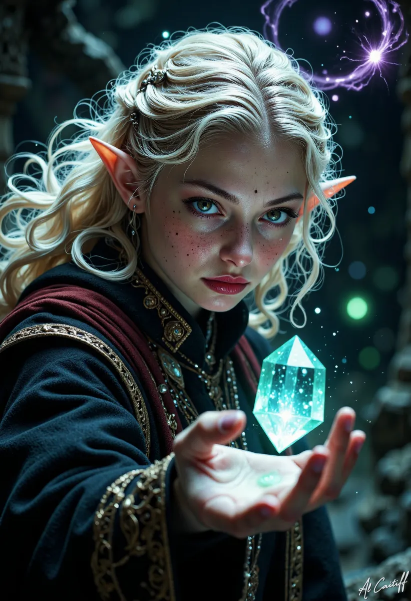 A young elf woman with pointed ears and piercing emerald green eyes, platinum blonde curly hair, holding a glowing translucent crystal surrounded by blue-green light, against a dark swirling indigo and purple misty background.