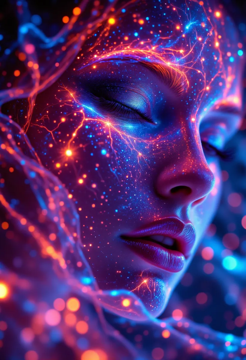 Close-up of a woman's serene face glowing with bioluminescent blue and orange light in an ethereal psilocybin-inspired dreamlike state.