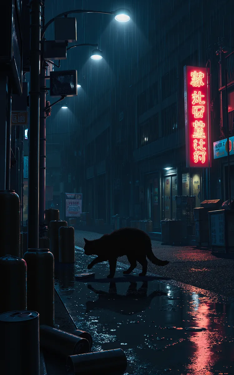 A sleek black cat rummaging through discarded cans on a wet, rain-soaked street lit by neon signs and a flickering street lamp in a dark urban alleyway at night.
