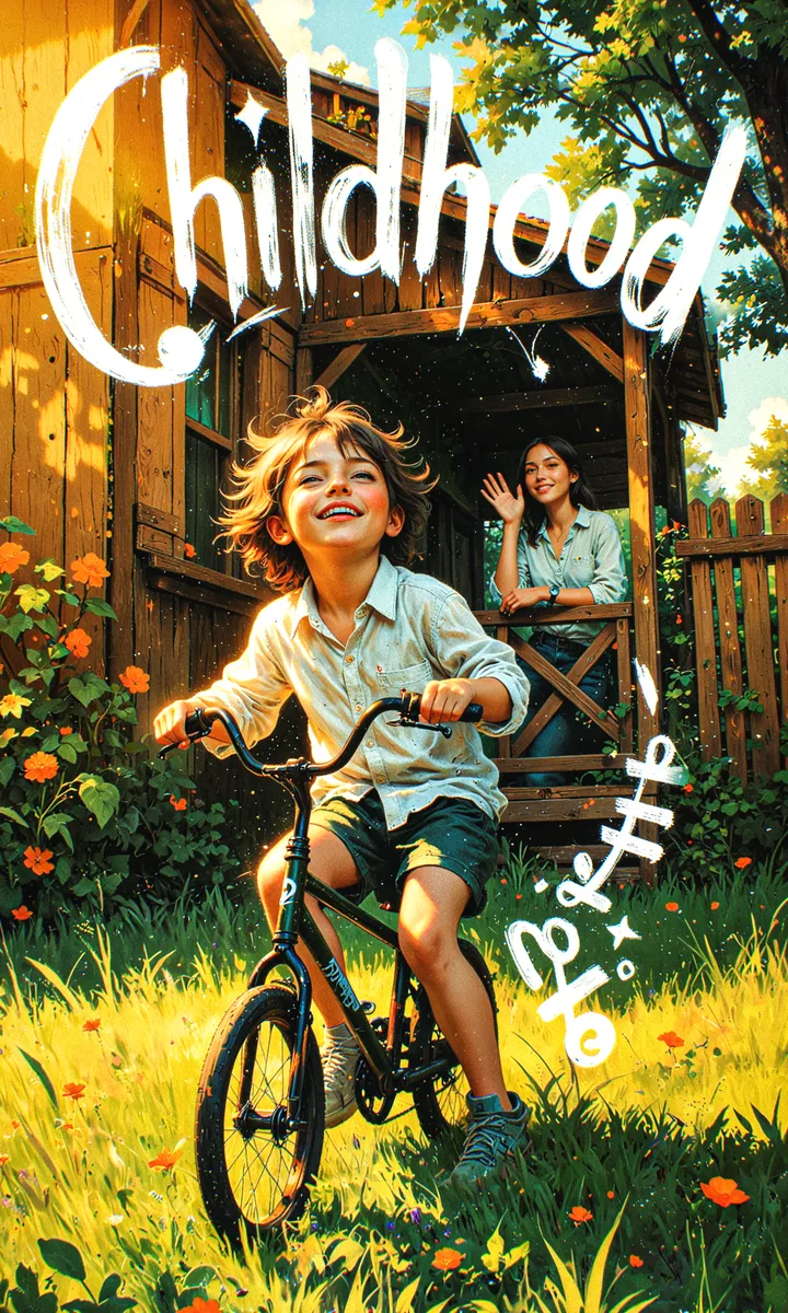 Child joyfully riding a small bicycle through sunlit grass near a wooden countryside house with a woman waving from the porch and bold 'Childhood' calligraphy overhead.