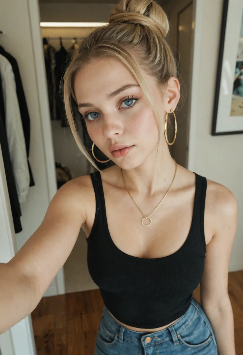 Close-up selfie of a blonde girl with blue eyes and a high bun hairstyle, wearing large hoop earrings, a black sleeveless shirt, and tight jeans in warm indoor lighting.