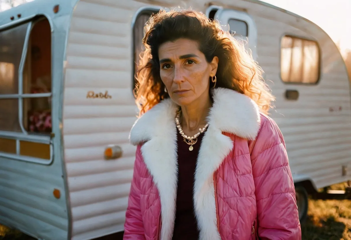 Analog photograph of a 50-year-old gypsy woman with pompadour hair wearing a pink tweed jacket with white fur collar standing in front of a camping trailer at sunrise with warm Kodak gold colors.