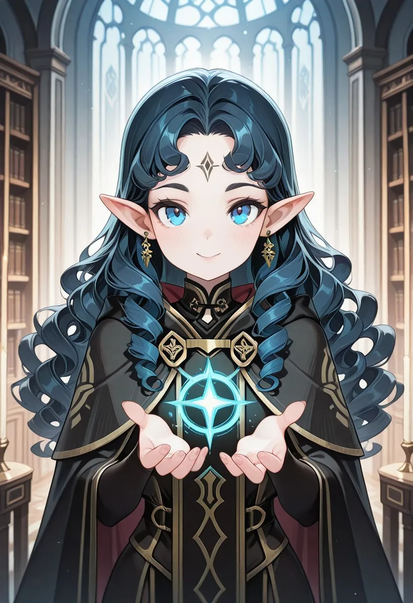 Portrait of a female elf with blue eyes and long curly black hair, wearing a black cloak with gold trimming, casting a glowing magic spell in an arcane library.