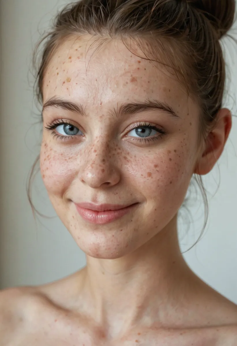 Close-up portrait of a young woman with freckles, blue eyes, natural makeup, and messy bun, softly lit with a shallow depth of field and neutral background.