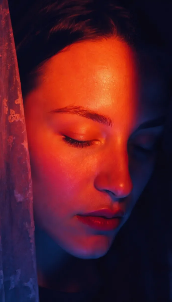 Close-up portrait of a woman with eyes closed, bathed in dramatic red lighting with high-contrast shadows against a dark background.