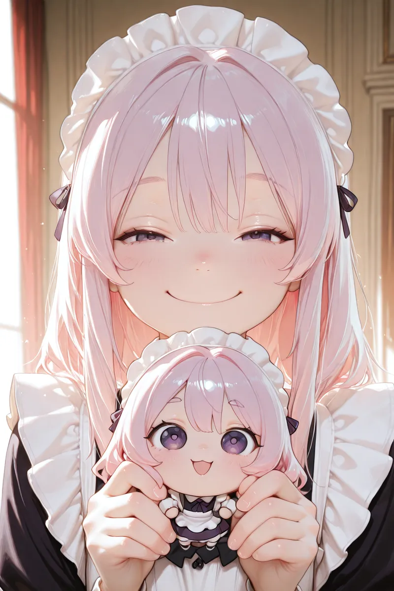 Smiling CivChan anime maid with pink hair and purple eyes holding a chibi version of herself dressed similarly.