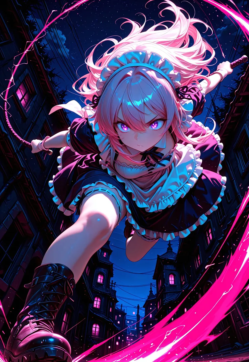 A dynamic and ultra-detailed illustration of a maiden with pink hair and purple eyes wearing a maid outfit and combat boots, leaping through a dark alleyway at night while swinging a whip emitting pink light.
