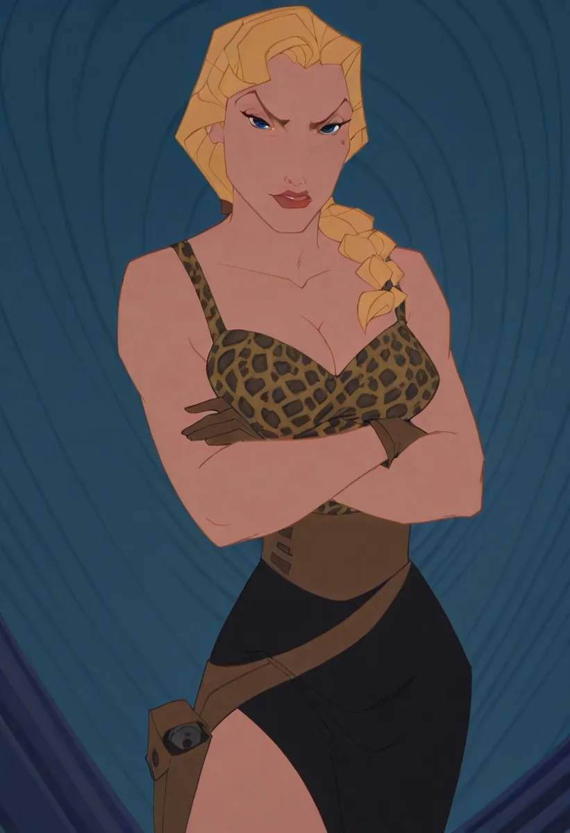 Blonde female character Helga Sinclair from Disney animation with blue eyes, leopard print top, black skirt, short braid, arms crossed, on an art deco background.