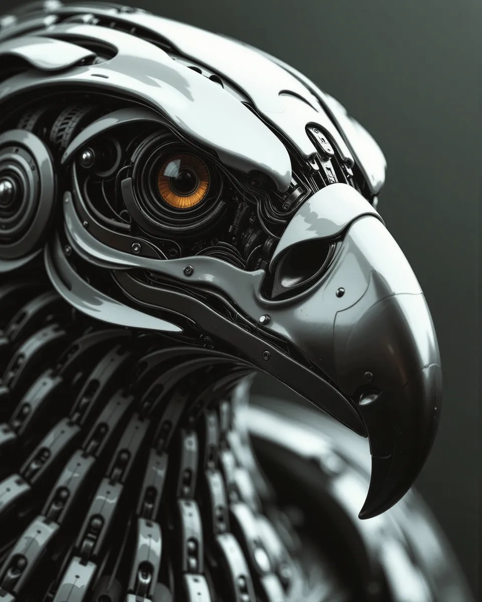 Close-up image of a robotic eagle's head with a metallic beak, detailed mechanical parts, and a glowing cybernetic eye in a transformers-inspired style.