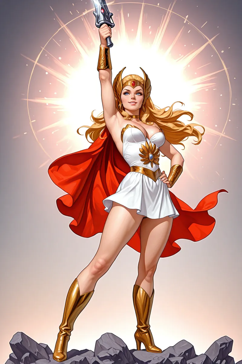 She-Ra standing triumphantly on rocks, holding a sword raised high, wearing golden armor, white dress, and red cape with flowing blonde hair.