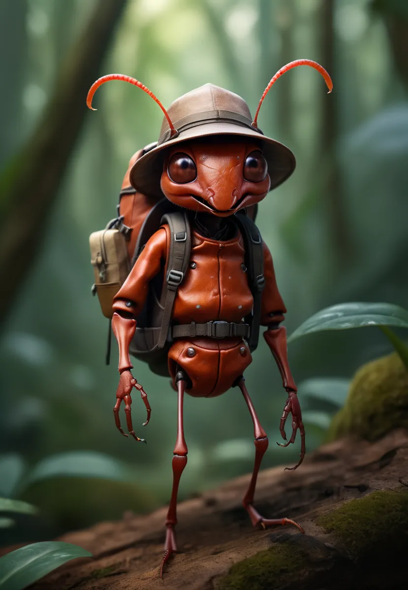 An adventurous cute ant wearing a tiny explorer’s hat and carrying a mini backpack stands in a vivid colorful jungle with detailed exoskeleton, shown in a comic style close-up.