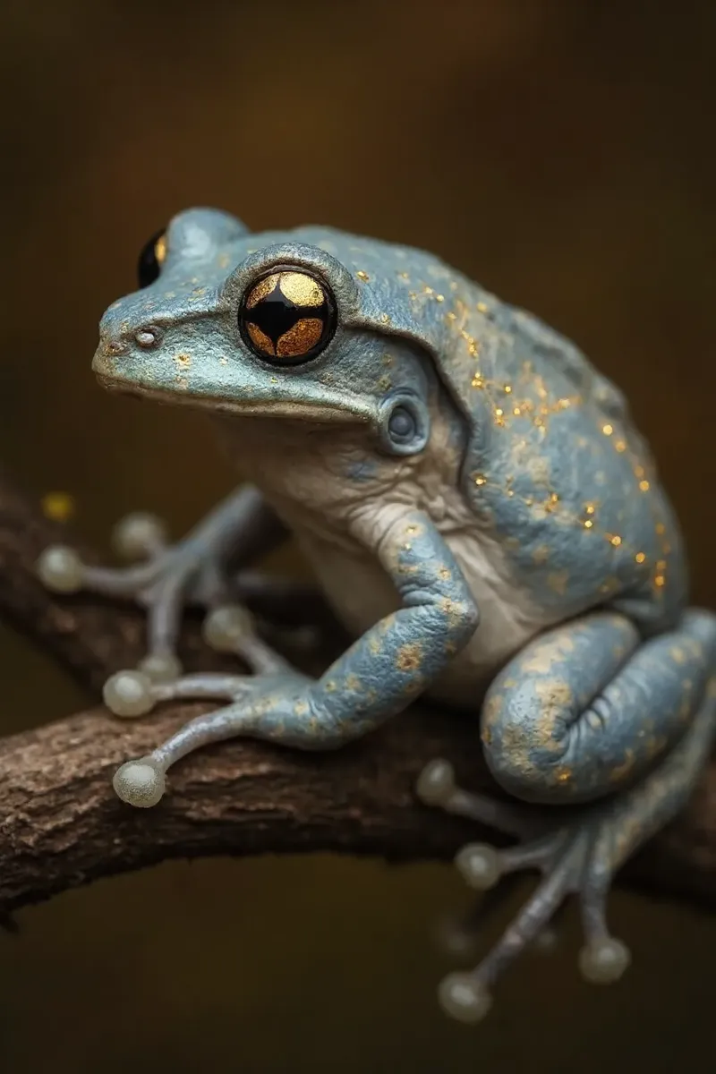 A photorealistic Amazonian treefrog perched on a branch with bright golden eyes and a celestial pattern on pale stormy sky blue and beige skin, featuring gold constellations and delicate topographical lines.