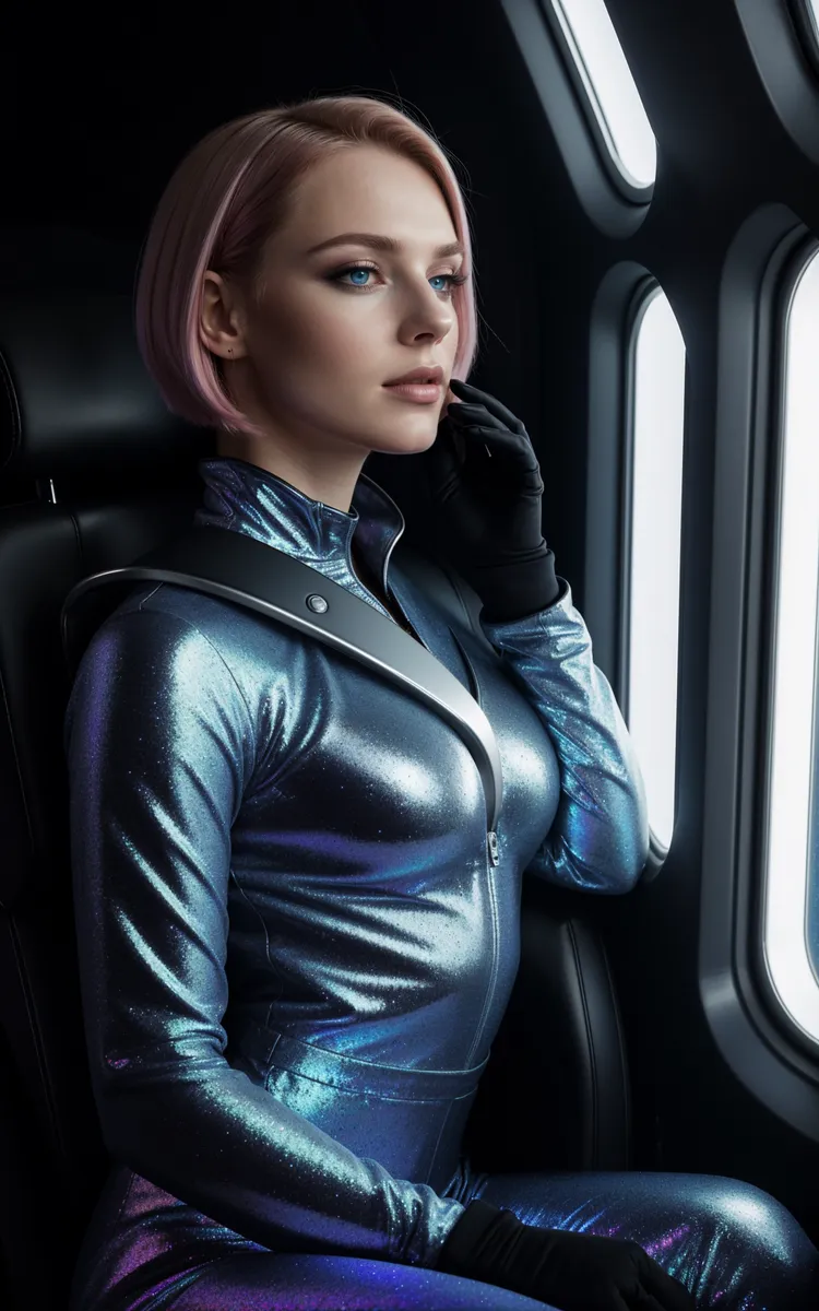 Young woman with short pink hair and blue eyes wearing a shiny blue jumpsuit sitting inside a spaceship cockpit, gazing thoughtfully out of the window.