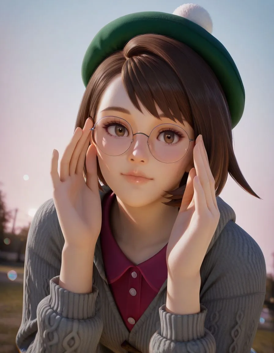 Photorealistic portrait of a girl outdoors wearing round glasses, a green tam o' shanter hat, gray cardigan, and a red collared dress, adjusting her eyewear with lens flare in background.