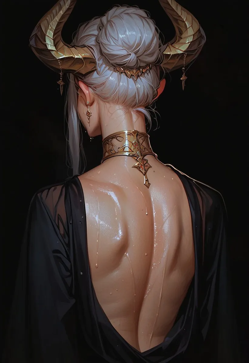 Back view of a woman with white hair tied in a bun, adorned with golden dragon horns and jewelry, her wet back exposed under a black robe with cinematic lighting.