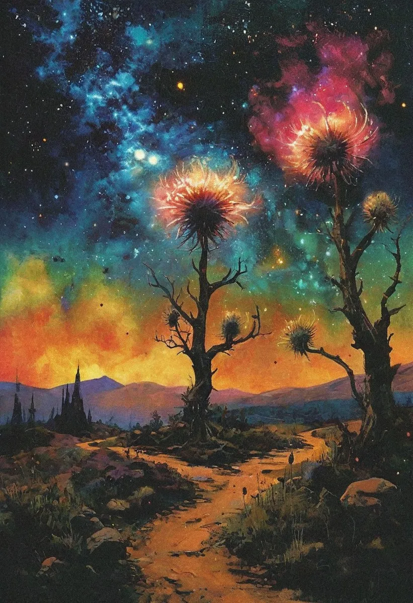 Dark fantasy landscape with tall star-thistle trees glowing with constellation-like leaves and swirling roots, under a vibrant cosmic magenta-indigo sky.